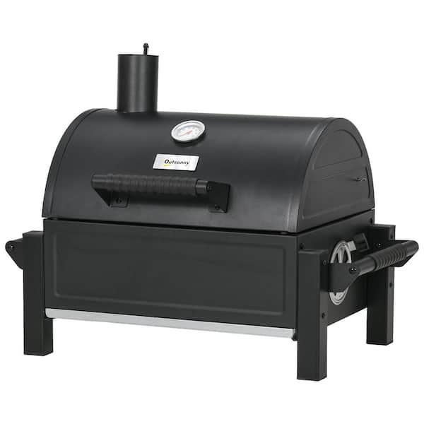 Out sunny Charcoal BBQ Grill Galvanized Steel Wood Smoker in Black with Ash Catcher and Built-in Thermometer