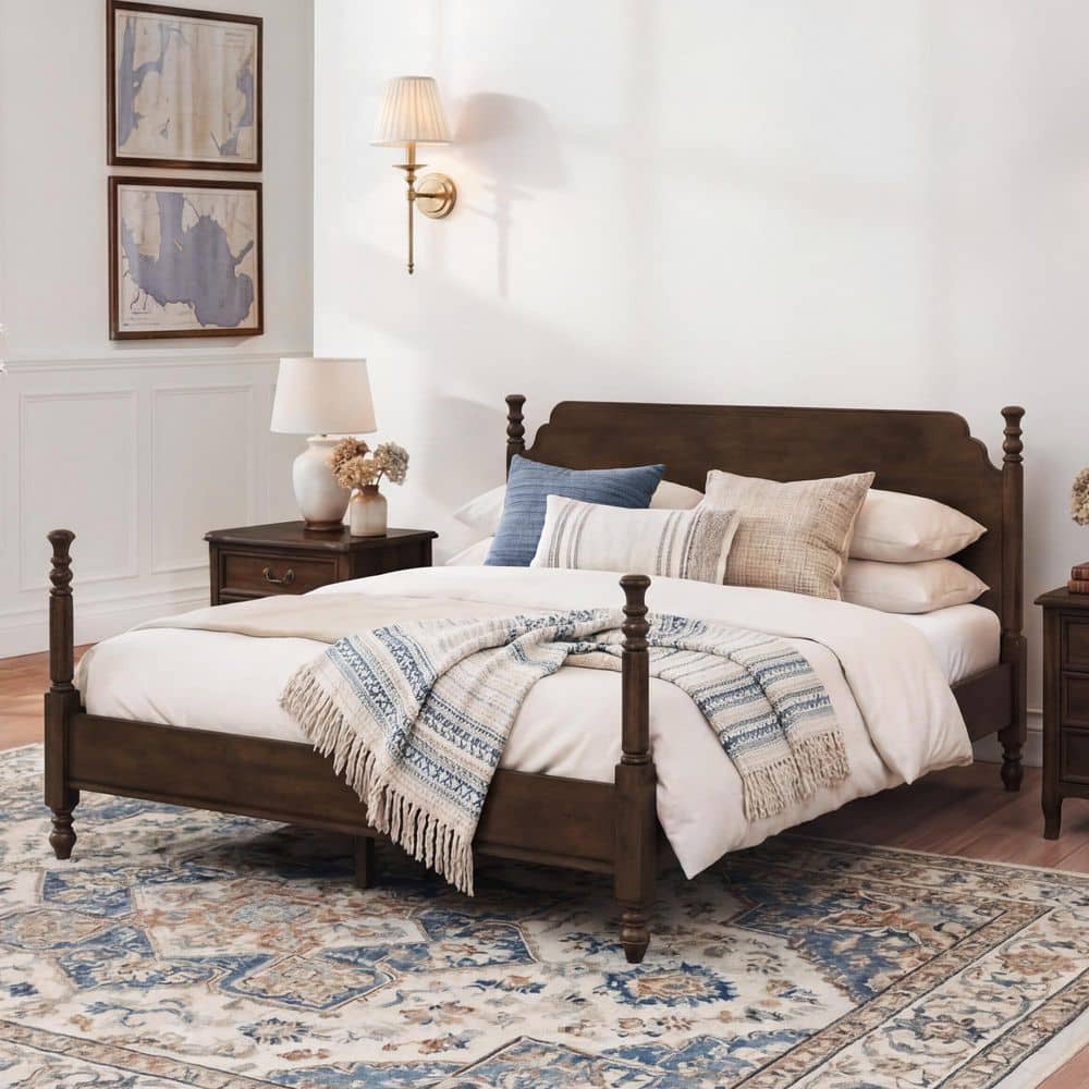 Cleo Brown Solid Wood Frame Queen Size Four-Poster Bed with Spindle Design, Wooden Slat Support, Platform Bed price history on PriceWatchPro