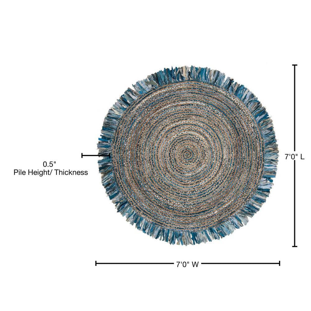 Ivory and Denim 7' Round Handwoven Boho Jute & Cotton Rug
