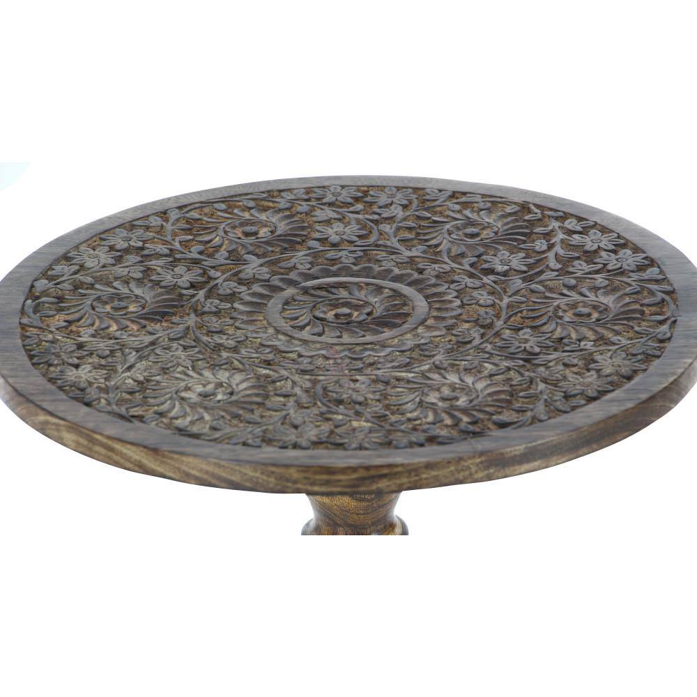 Majestic Floral Carved Dark Brown Mango Wood Round Accent Table
