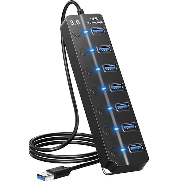 Lukyamzn 7-Port USB 3.0 Hub Splitter with Individual On/Off Switches and Lights 3.2 ft. Cable for MacBook Laptop PS4 PC