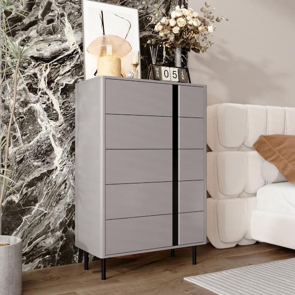 FUFU&GAGA 31.5 in. Gray Rectangle Wooden End Table, Side Table, Chest of Drawers with 5-Drawers and Black Decor