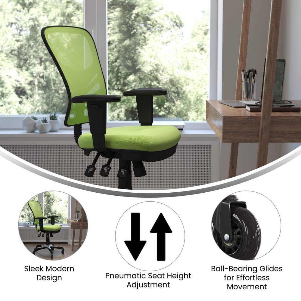 Nicholas Mesh Upholstered Swivel Ergonomic Office Chair in Green with Adjustable Arms and Transparent Roller Wheels
