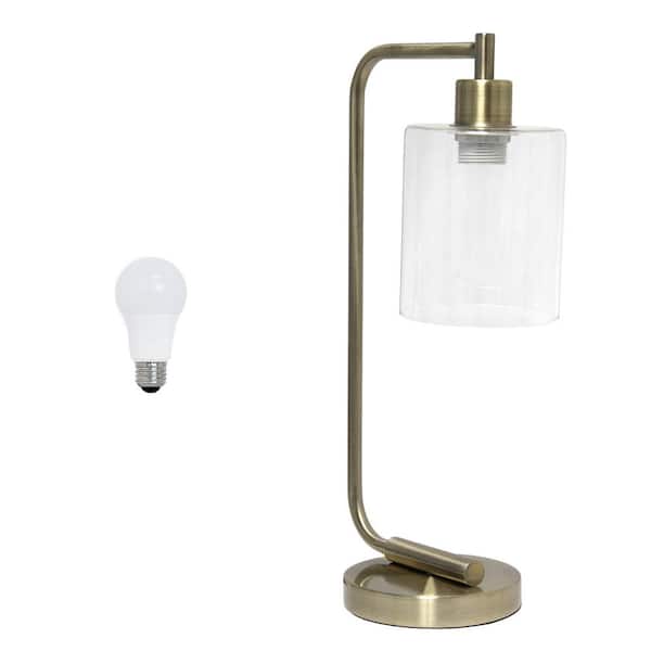 Lalia Home 18.8 in. Modern Iron Desk Lamp with Cylindrical Clear Glass Shade, with LED Bulb Included, Antique Brass