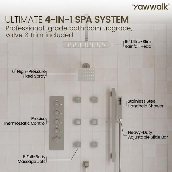 YAWWALK Thermostatic Valve 15-Spray 16 and 6 in. Dual Ceiling