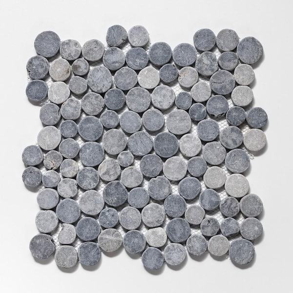 TILE CONNECTION Stone Penny Rounds Grey 11-1/2 in. x 11-1/2 in. Honed Marble Mesh-Mounted Mosaic Tile (10.12 sq. ft./Case)