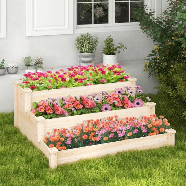 HONEY JOY Natural Fir Wood Rectangular Outdoor 3-tier Raised