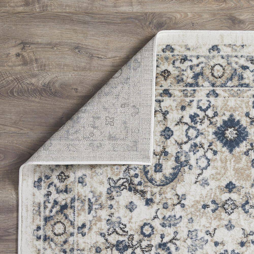 Cream and Blue Floral Border 6' x 9' Synthetic Area Rug