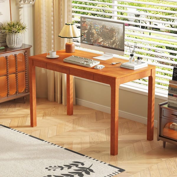 47.2 in. Rectangular Walnut Rubberwood 2-Drawer Desk with Built-in Storage and Rounded Corners