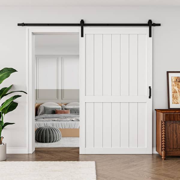 48 in. x 84 in. White Paneled H Style White Primed MDF Assembly Required Sliding Barn Door with Hardware Kit