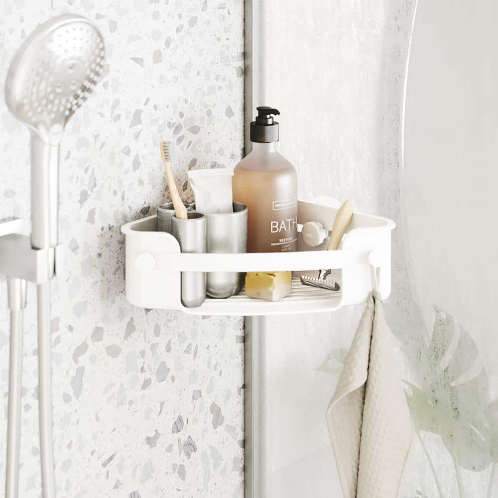 White Plastic Adhesive Shower Corner Bin with Hooks