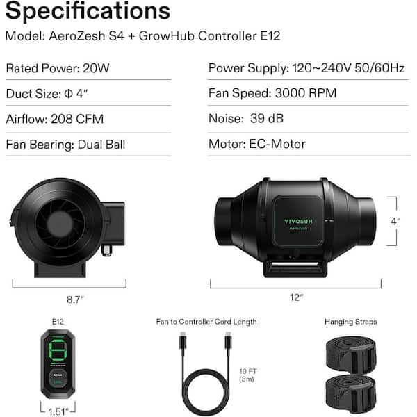 VIVOSUN AeroZesh S4 4 in. 208 CFM Inline Duct Fan with E12 Speed 