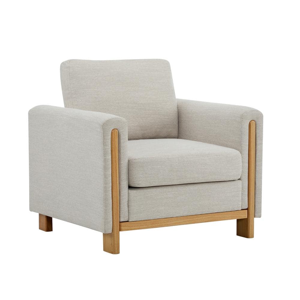 Beige Upholstered Barrel Accent Chair with Natural Wood Frame