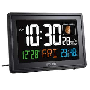 Black Large Color Display Digital Desk Rectangular Atomic Alarm Clock with Indoor Temperature, Humidity, Date Backlight