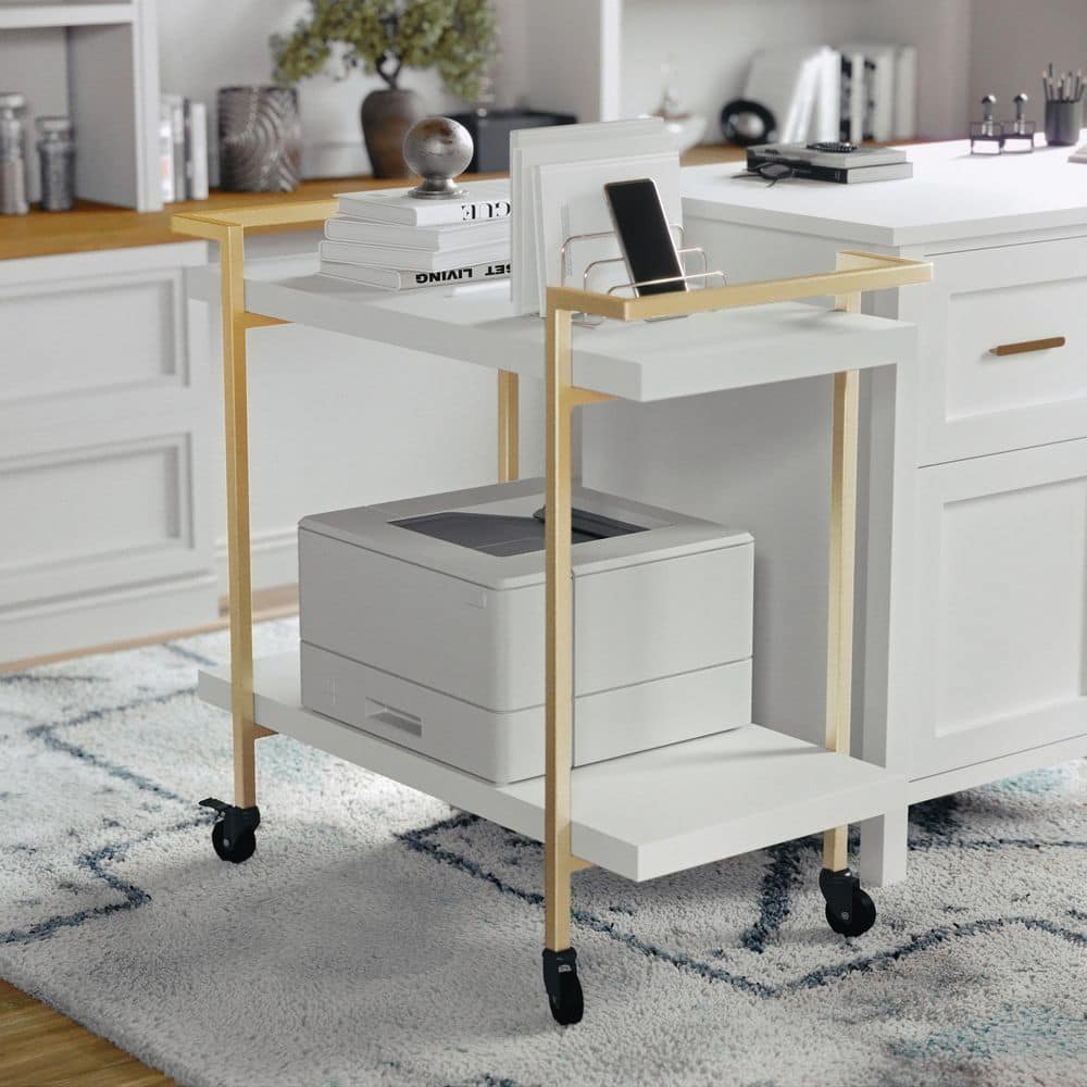 White and Brass 2-Tier Mobile Office Printer Cart