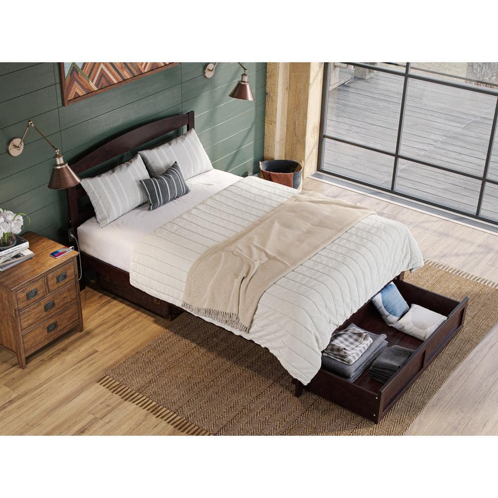 Espresso Solid Wood Queen Platform Bed with Foot Drawer