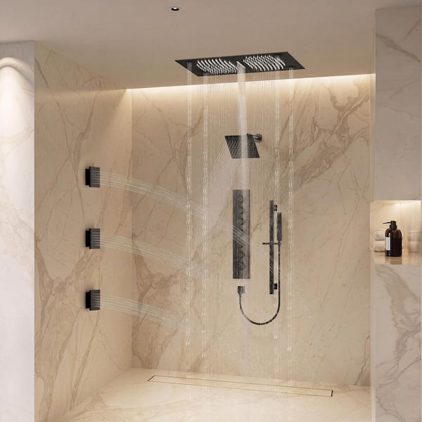 6-Spray Ceiling Mount 28 x 16 in. LED Mood Lighting Music Dual Shower Head and Handheld Shower Head in Matte Black