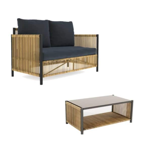 2-Piece Wicker Outdoor Conversation Patio Furniture Set with Gray Cushions