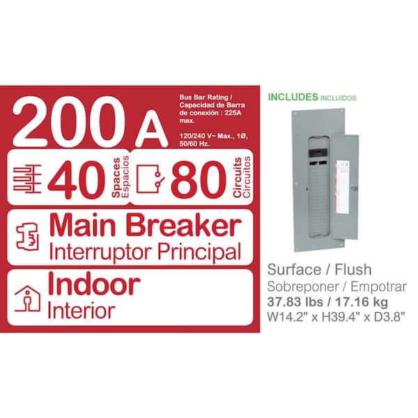 Homeline 200 Amp 40-Space 80-Circuit Indoor Main Breaker Electrical Panel with Cover