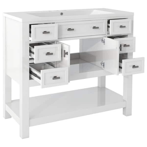 Aoibox 36 in. W x 18 in. D x 34 in. H White Freestanding Bath Vanity with White Resin Top Single Sink, 2 Doors & 6-Drawers