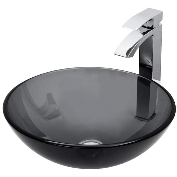 VIGO Glass Round Vessel Bathroom Sink in Sheer Black with Duris Faucet and Pop-Up Drain in Chrome
