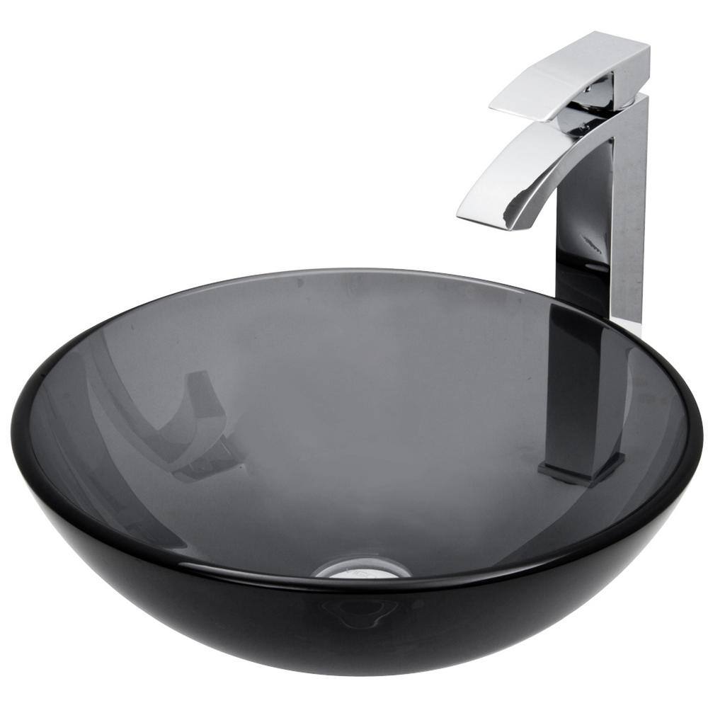 Sheer Black Glass Above-Counter Round Vessel Sink with Chrome Faucet