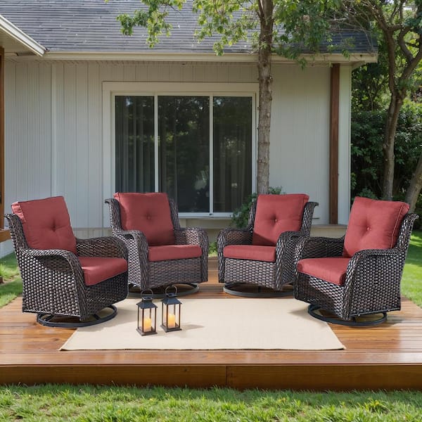 moosprr 4-Piece Brown Wicker Outdoor Swivel Glider Chair with Red Cushions and Curved Armrest/Rocking Chairs for Patio/Porch