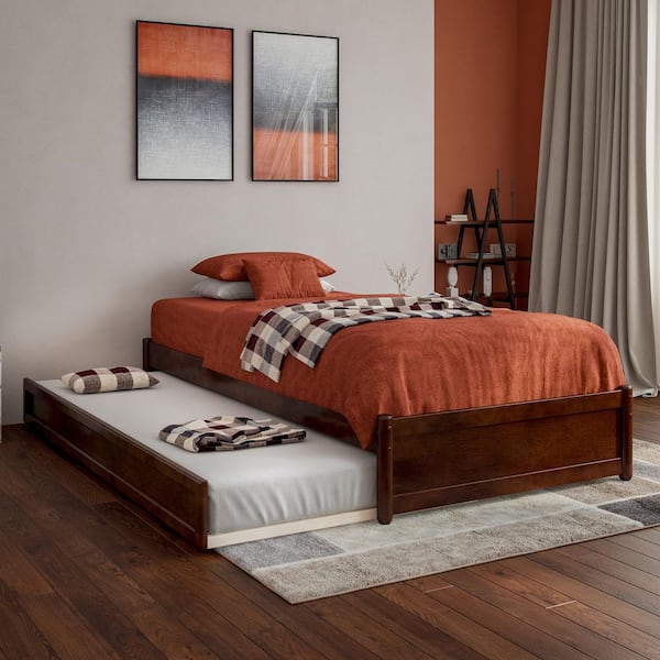 AFI Barcelona Walnut Brown Solid Wood Frame Twin XL Panel Platform Bed with Twin XL Trundle