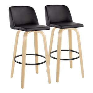 Toriano 29.5 in. Black Faux Leather, Natural Wood and Black Metal Fixed-Height Bar Stool (Set of 2)
