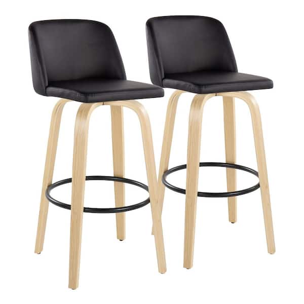Lumisource Toriano 29.5 in. Black Faux Leather, Natural Wood and Black Metal Fixed-Height Bar Stool (Set of 2)