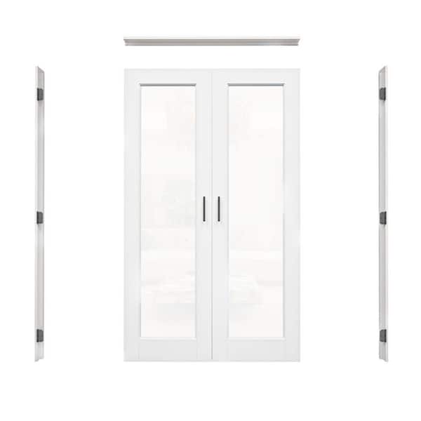 48 in. x 80 in. 1-Lite Clear Glass Universal White Solid Core Wood Double Prehung French Door+ Separate Jamb&Ball Catch