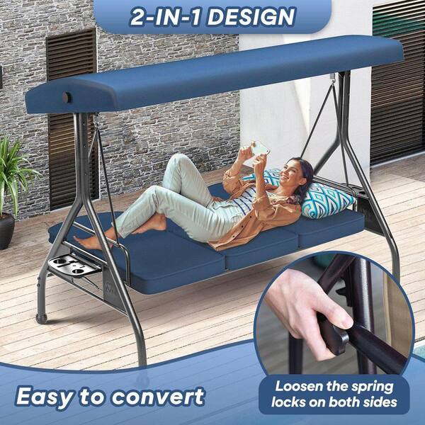2-in-1 3-Person Metal Outdoor Porch Swing Bed with Stand
