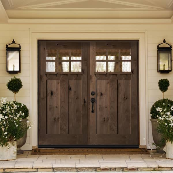 Krosswood Doors 72 in. x 80 in. Craftsman Knotty Alder 9-Lite Clear Glass  Unfinished Wood Right Active Inswing Double Prehung Front Door