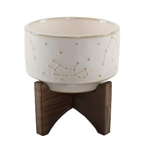 4 in. Ivory Ceramic Constellation Pot on Wood Stand Mid-Century Planter