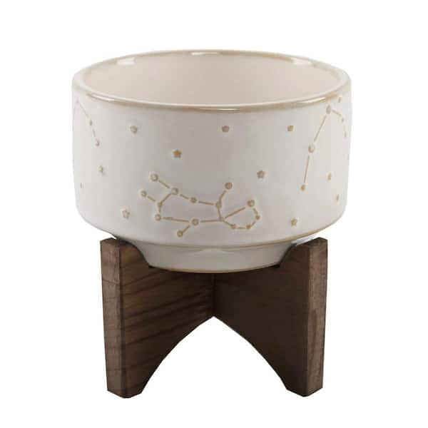 Flora Bunda 4 in. Ivory Constellation Ceramic Planter On Wood Stand