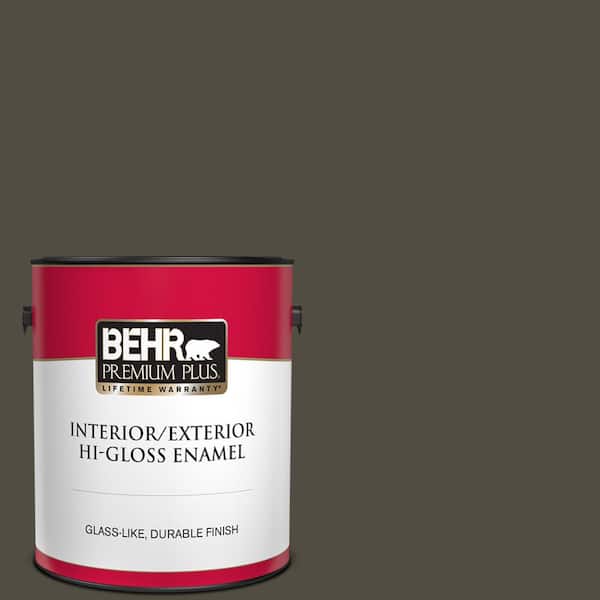 BEHR PREMIUM PLUS 1 gal. #S-H-760 Olive Leaf Hi-Gloss Enamel Interior/Exterior Paint