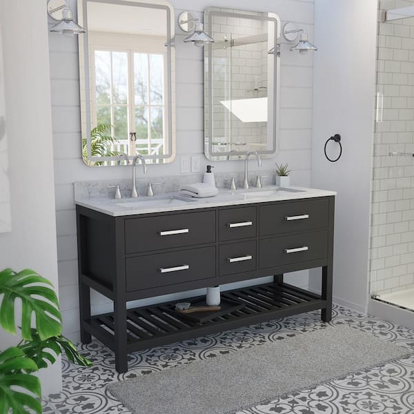 Valencia 60 in. W x 22 in. D x 34 in . H Birch and Oak Console Vanity with Rectangular Undermount Sinks with White Top