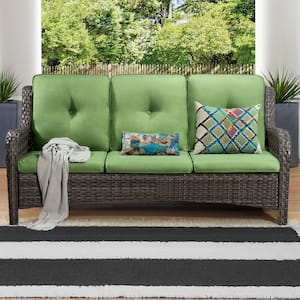 3-Seat Wicker Outdoor Patio Sofa Sectional Couch with Green Cushions