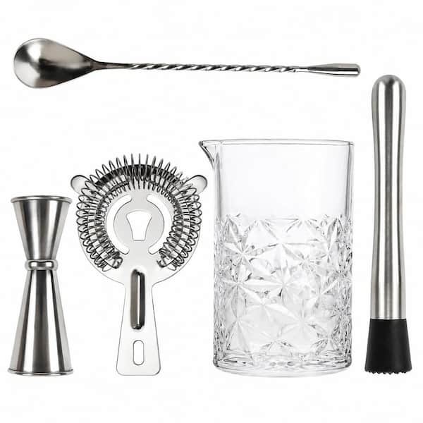 7-Piece Silver Glass Cocktail Mixing Kit with 24 fl. oz. Crystal Mixing Glass and Stainless Steel Tools