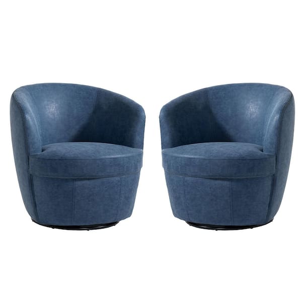 Minimalistic Navy PU Leather Swivel Barrel Arm Chair with Metal Base (Set of 2)