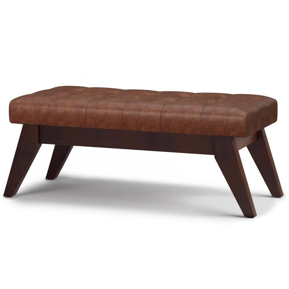 Draper 40" Distressed Saddle Brown Faux Leather Tufted Ottoman Bench
