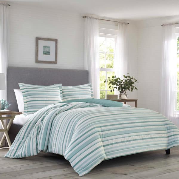 Tommy Bahama Clearwater Cay 3 Piece, Blue And Gray Striped Duvet Cover Set