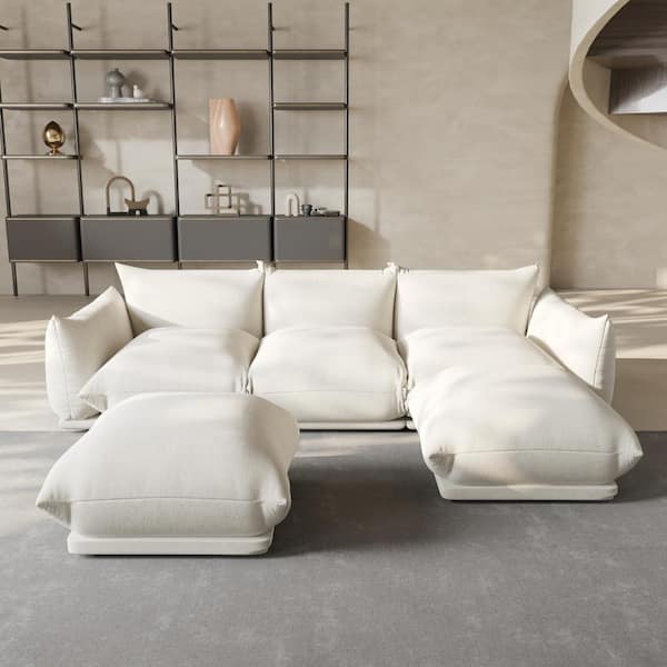Magic Home 104 in. Flared Arm 5-Piece Chenille 3 Seater Modular Minimalist Marenco Couch Sectional Sofa with 2 Ottomans in. Beige