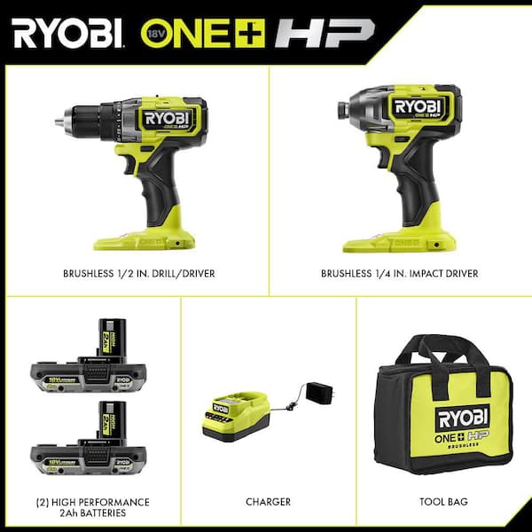RYOBI ONE+ HP 18V Brushless Cordless Drill/Driver and Impact Driver Kit w/(2) 2Ah Batteries, Charger, Bag, & 25-Piece Bit Set