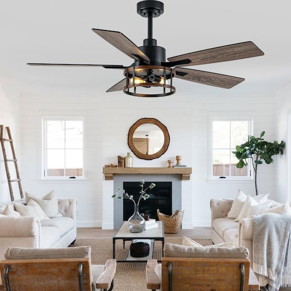 Koyah 52 in. Indoor Black Down Rod Standard Caged Ceiling Fan with Light with Remote Farmhouse Ceiling Fan with 6 Speeds