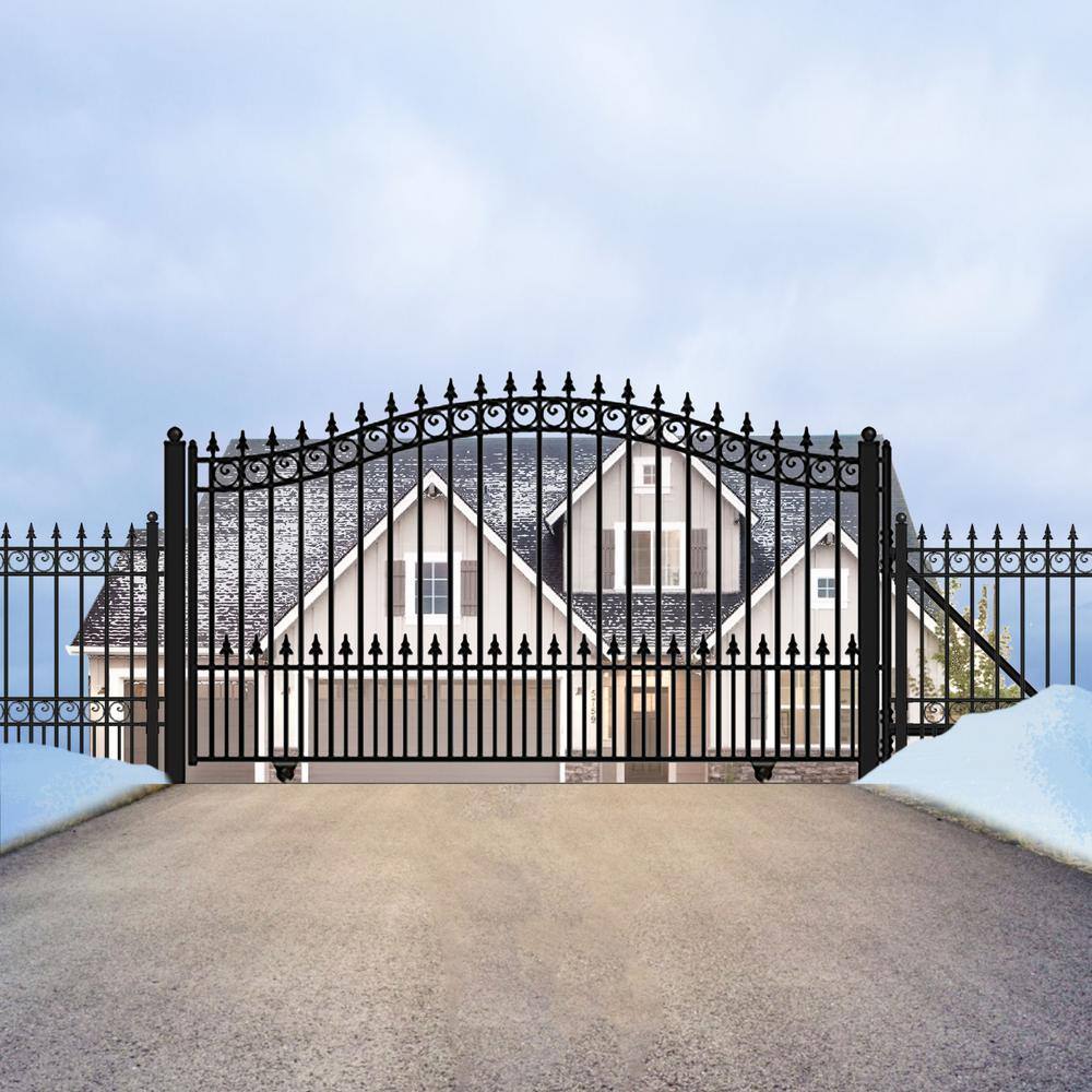 Prague Style Black Steel Sliding Driveway Gate with Pedestrian Gate