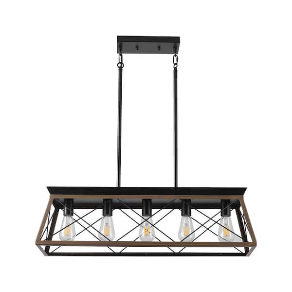 5-light Walnut Wood Farmhouse Linear Chandelier with Rectangle Frame and Adjustable Height for Kitchen Island (No Bulbs)