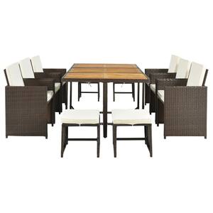 11-Piece Wicker Wood Tabletop Outdoor Dining Set with Beige Cushion