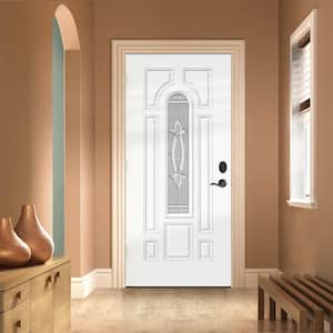 36 in. x 80 in. Right-Hand/Inswing Center Arch Blakely Decorative Glass Modern White Steel Prehung Front Door