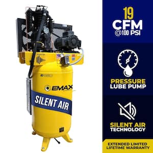 Silent Air Industrial 5HP 19 CFM 1-Phase 2-Stage 80 Gal. Vertical Stationary Electric Air Compressor, Pressure Lube Pump